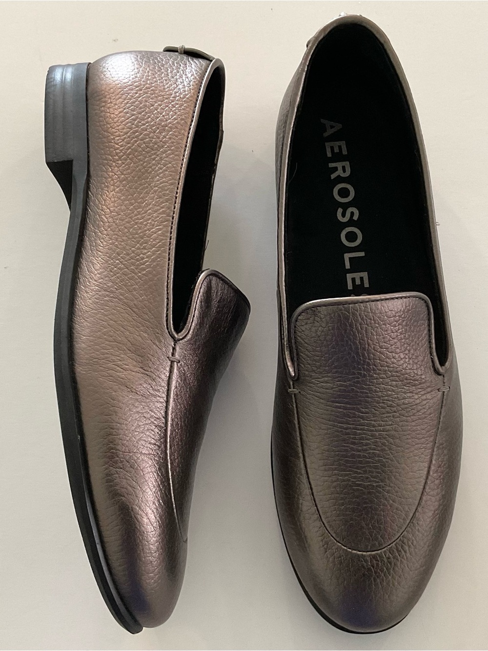 AEROSOLES Wells Block Heel Loafers Gunmetal Pebbled Leather Size 9